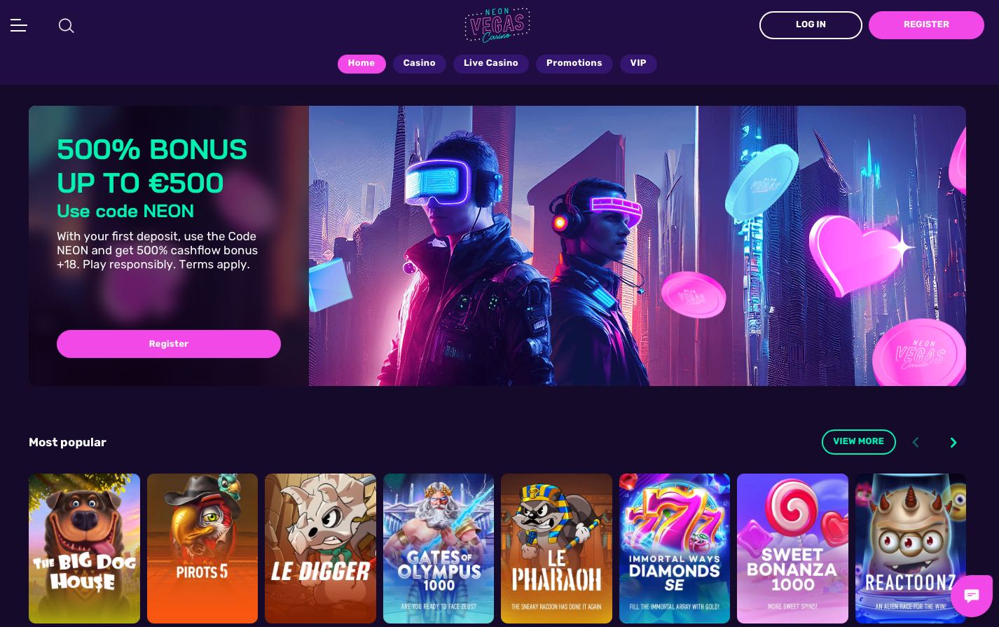 Neon Vegas Casino Homepage
