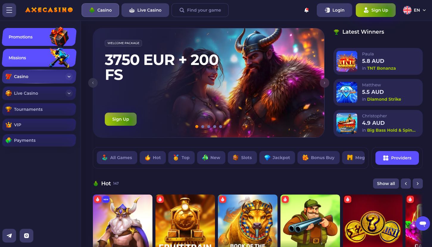 Axe Casino homepage