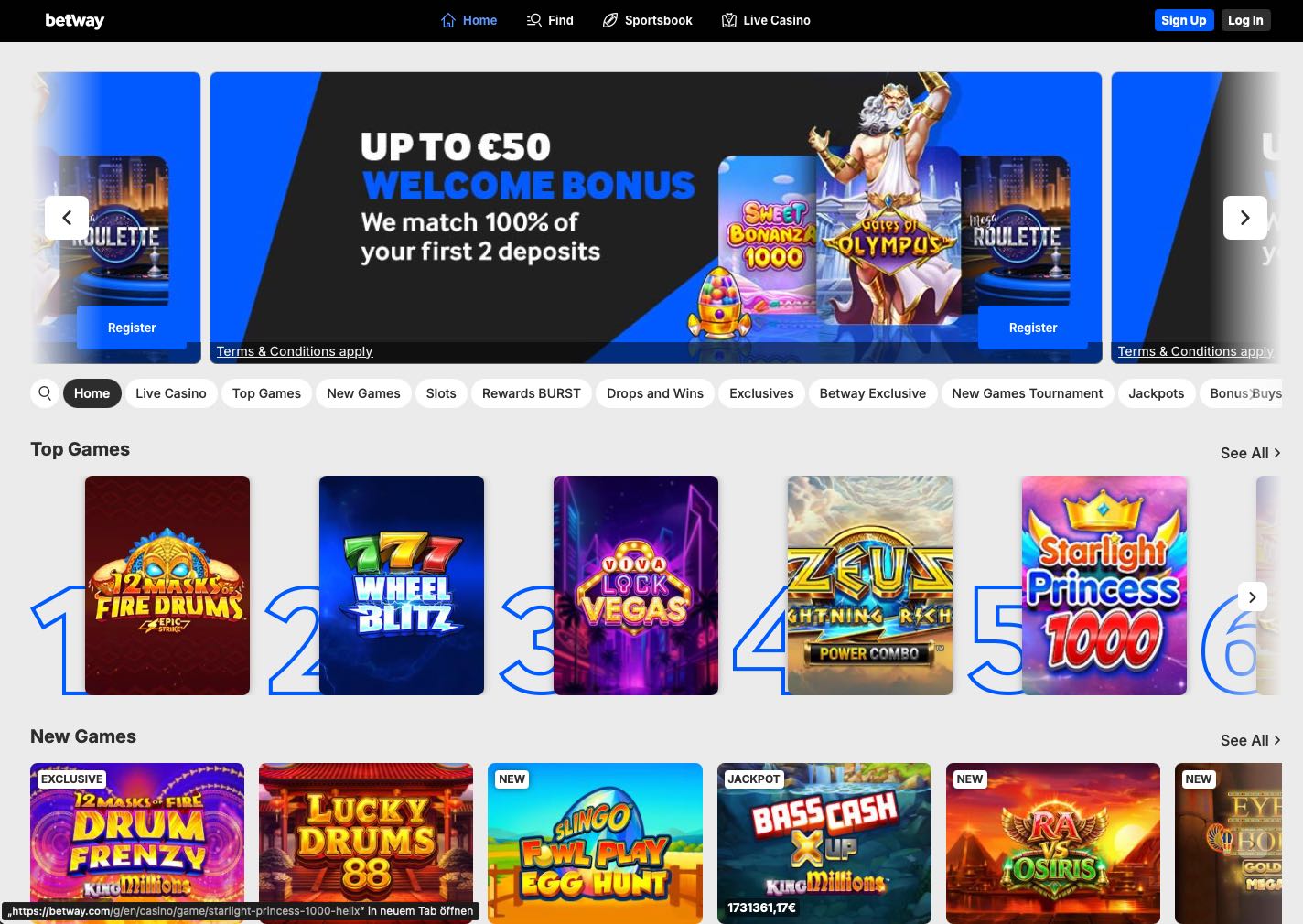 Betway Casino Homepage