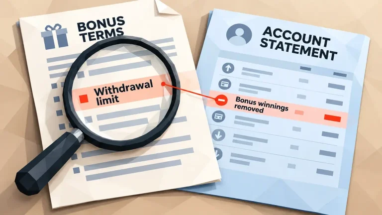 A magnifying glass links a withdrawal limit in bonus terms to removed bonus winnings on an account statement.