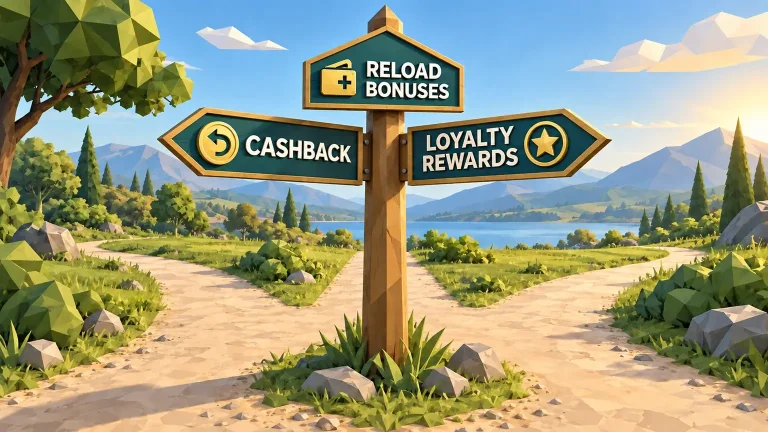 A signpost at three paths points to cashback, reload bonuses and loyalty rewards, each with a matching gold icon.