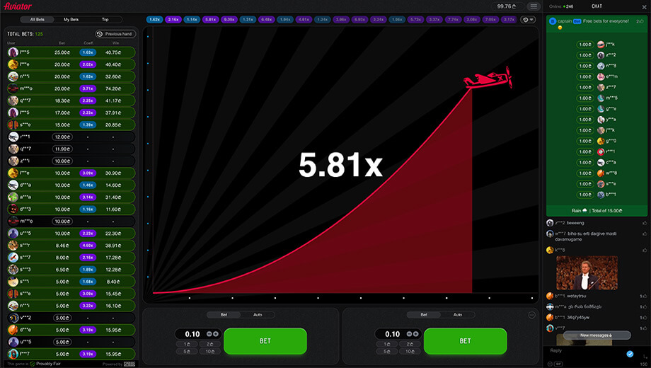 Aviator interface with a rising multiplier, two bet panels and a live-bet list.