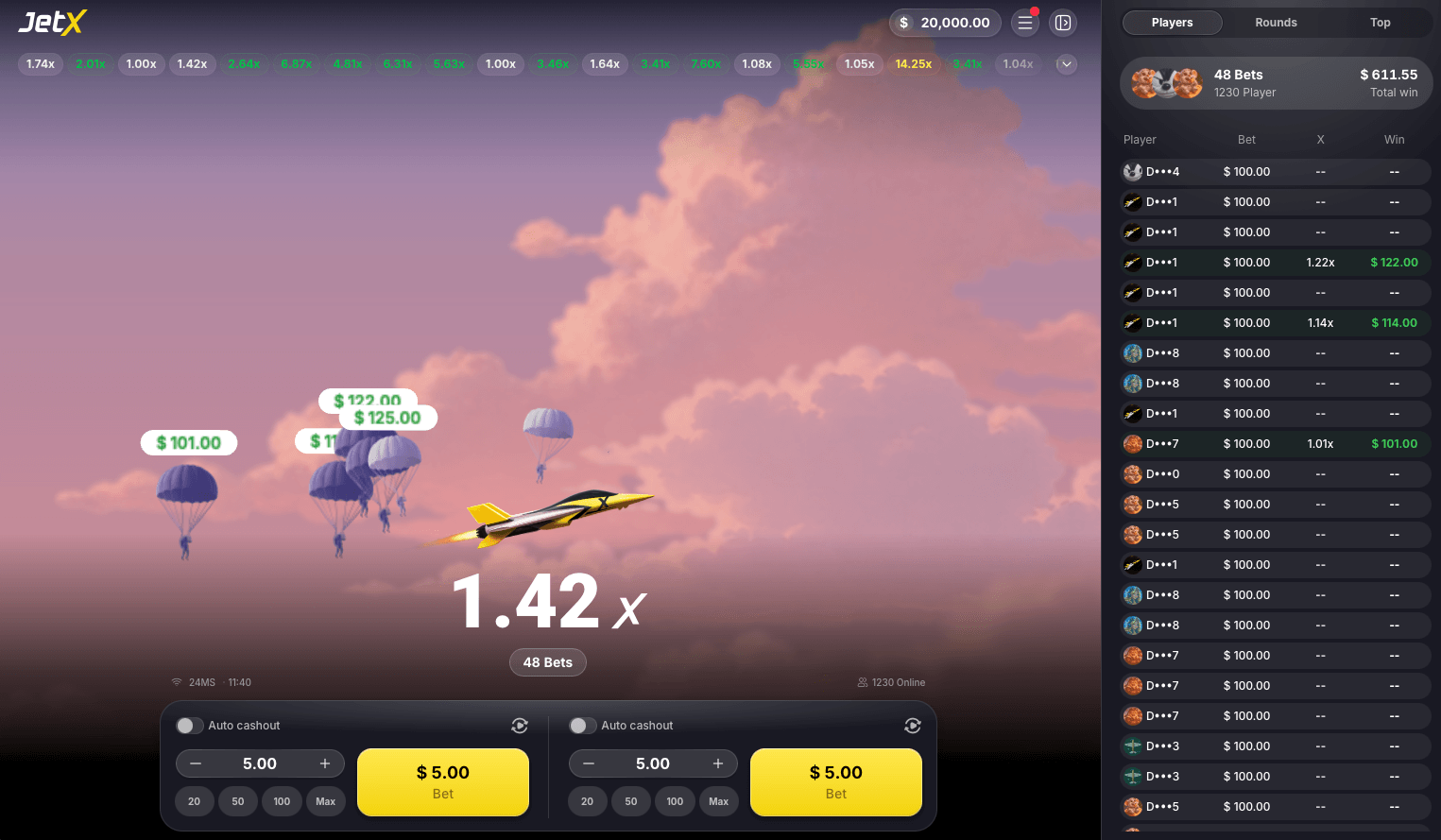 JetX interface with a jet, multiplier and four betting panels.