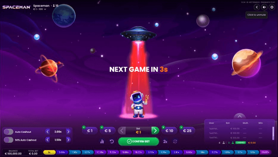 Spaceman demo interface showing the astronaut, automatic cash-out controls and round history.