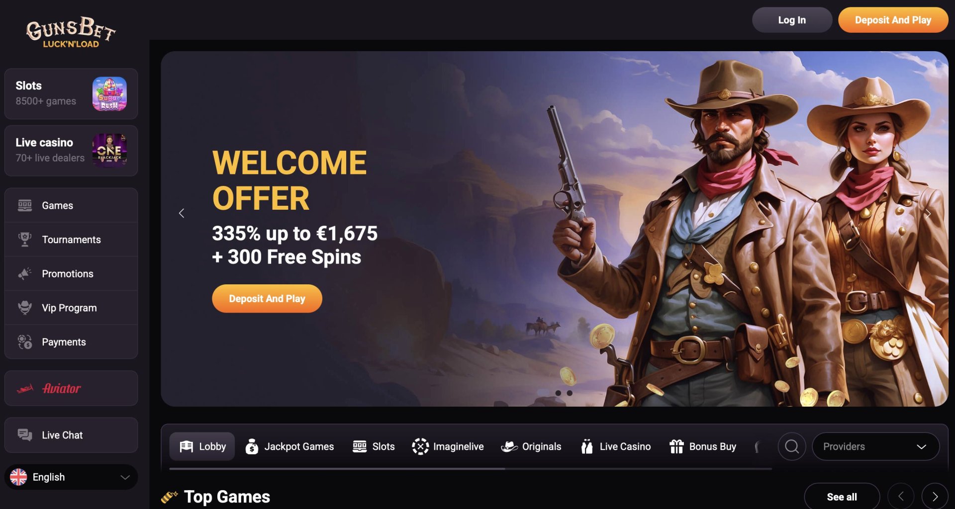Gunsbet Casino homepage