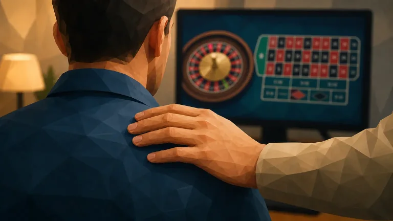 A family member rests a reassuring hand on an online casino player's shoulder.