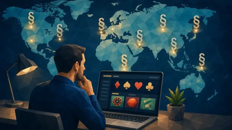 A person viewing an online casino on a laptop beneath a world map marked with paragraph symbols