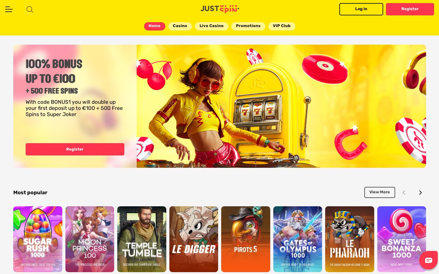 JustSpin Casino Homepage