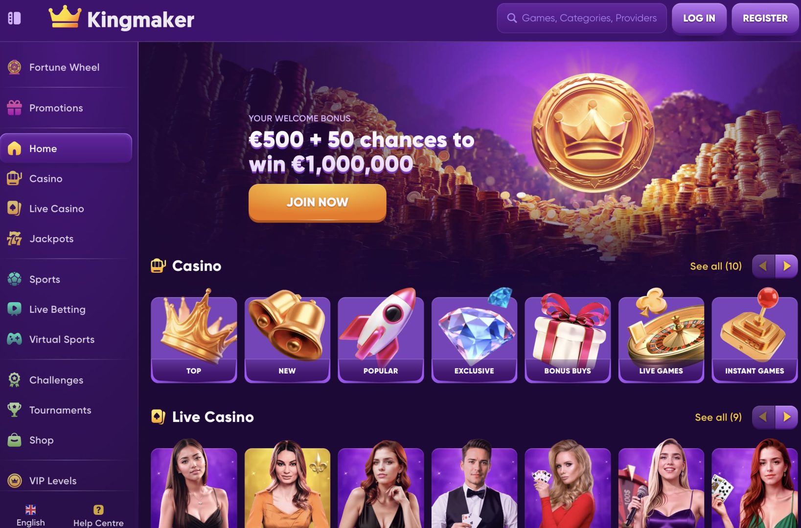 Kingmaker Casino Homepage