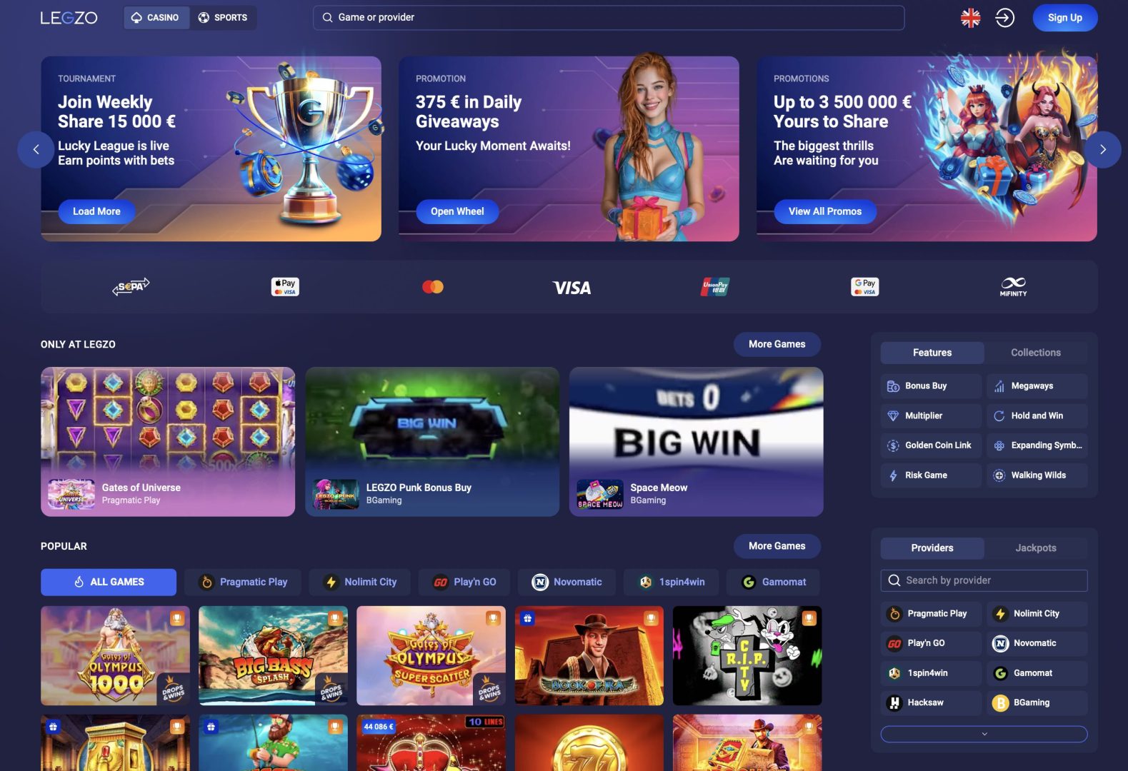 Legzo Casino Homepage