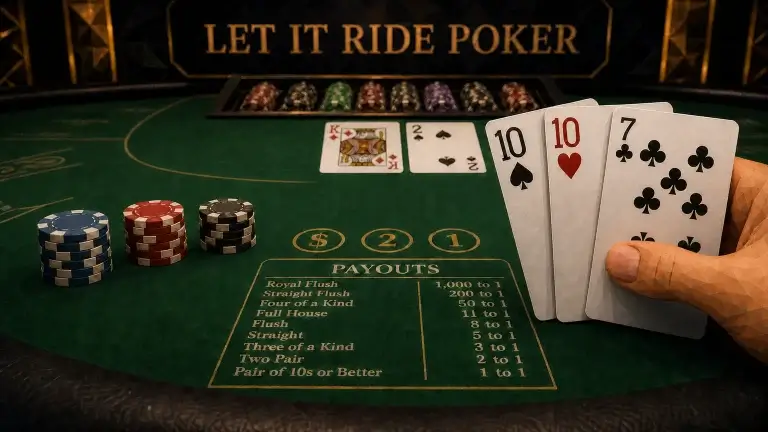 A Let It Ride Poker table showing three equal wagers, three player cards and two community cards