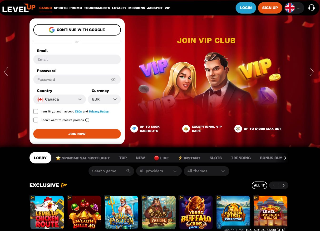 LevelUP Casino Homepage