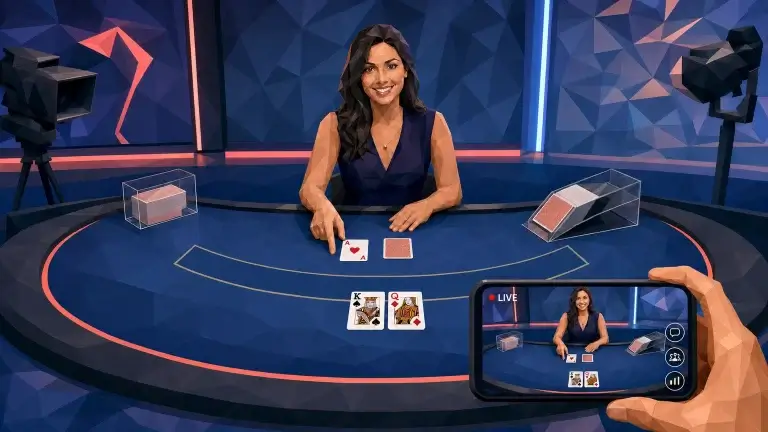 Low-poly live blackjack studio with a dealer and a smartphone showing the streamed table.
