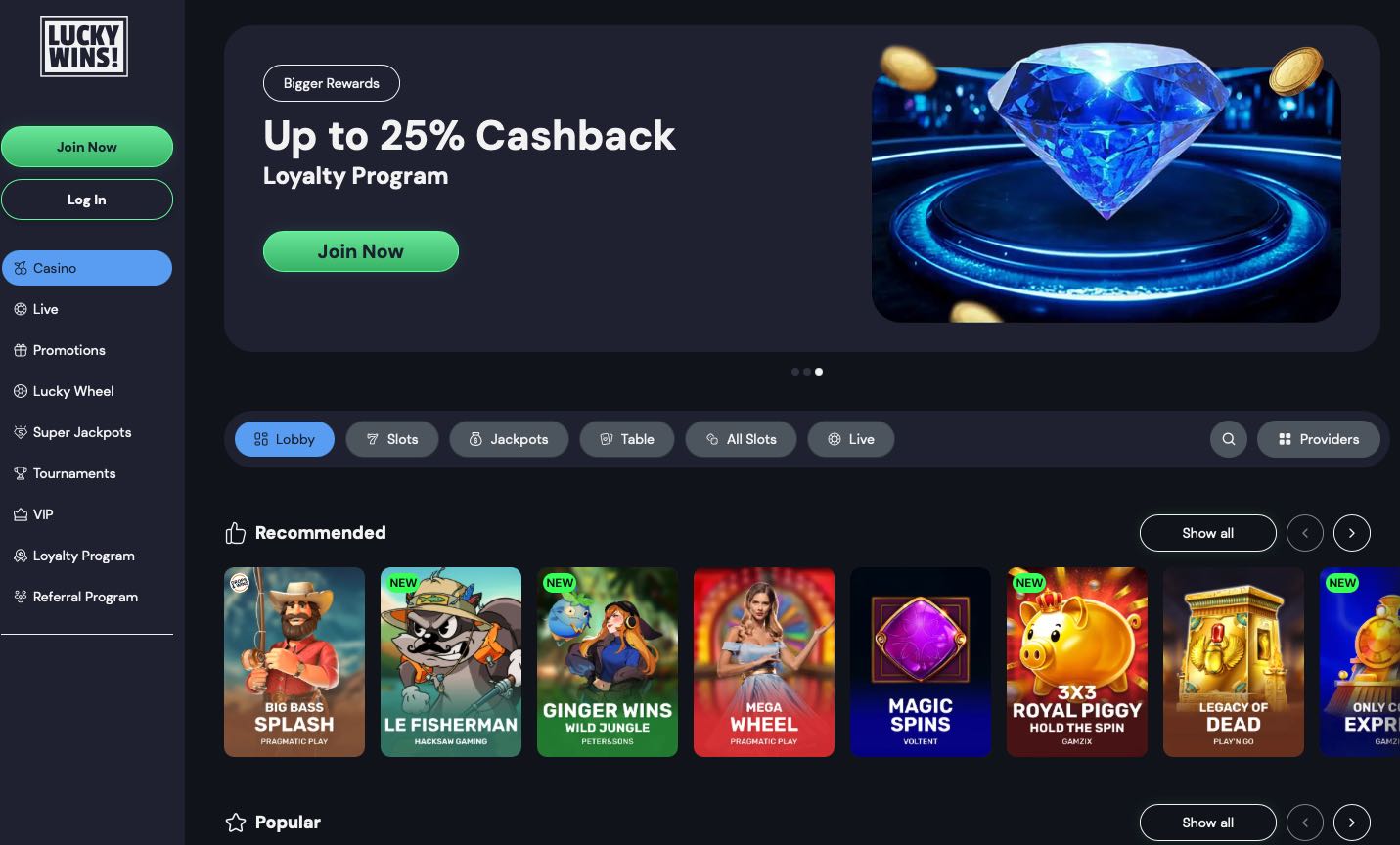 LuckyWins Casino Homepage