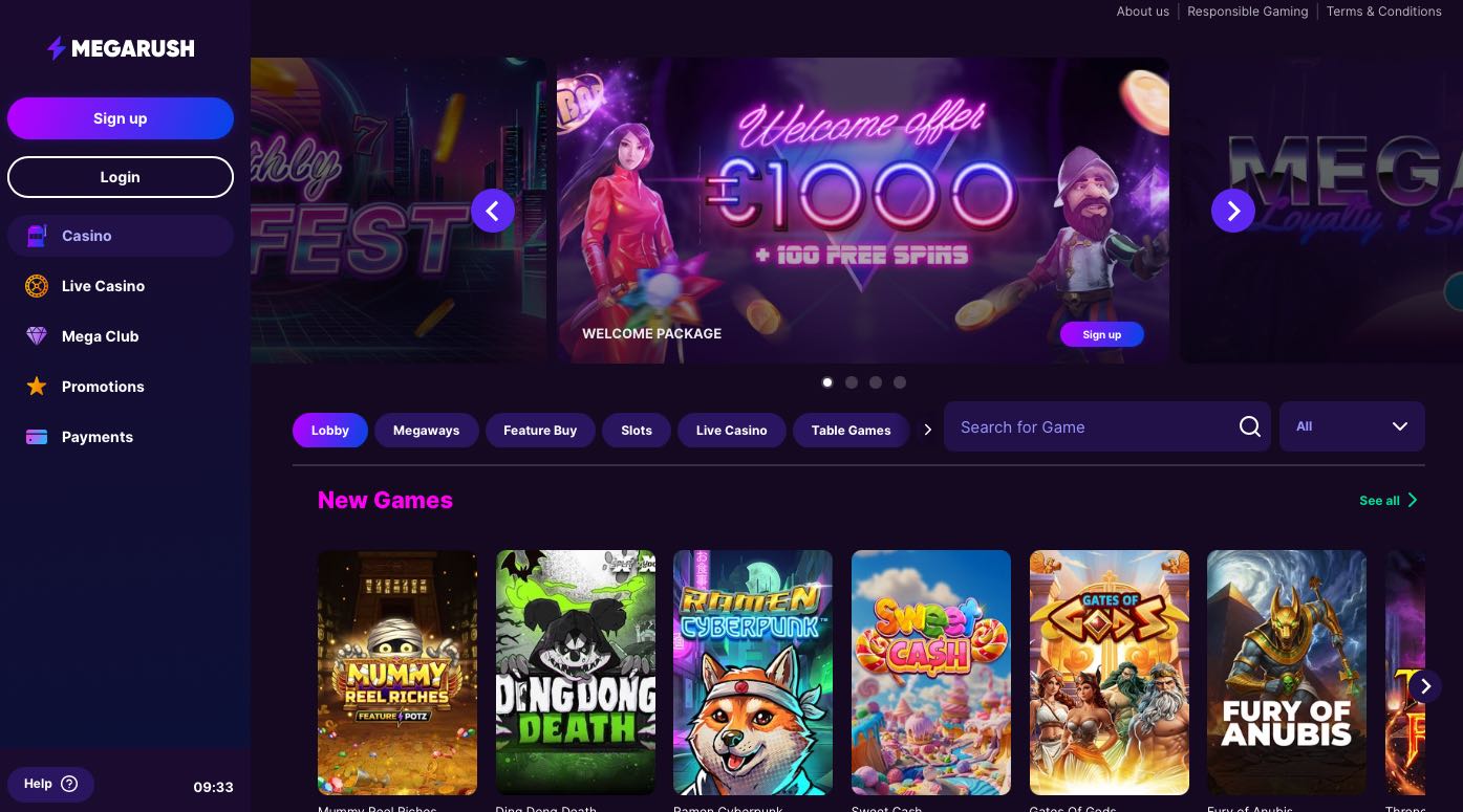 Megarush Casino homepage