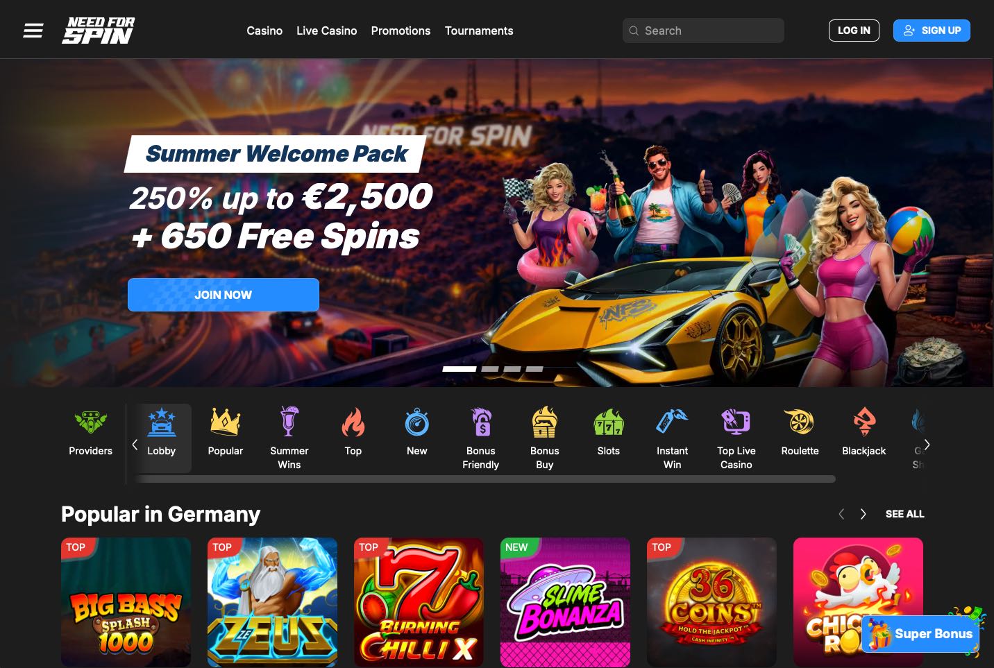 Need For Spin Casino Homepage