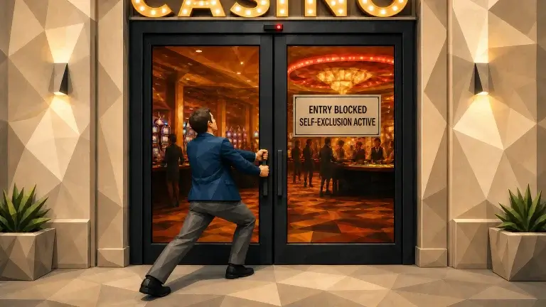 Man pulling on a closed casino door marked entry blocked because self-exclusion is active.