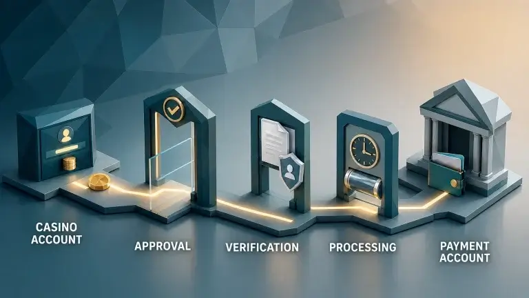 Geometric illustration of a casino withdrawal passing through verification and payment-processing stages