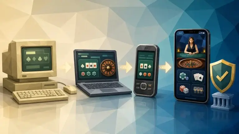 A timeline moving from a 1990s desktop casino screen to a modern regulated mobile gambling app