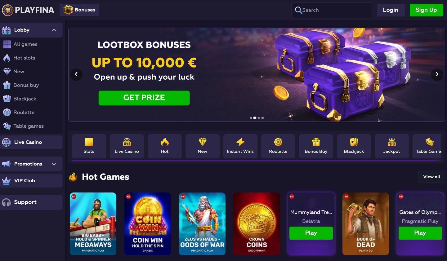 Playfina Casino Homepage