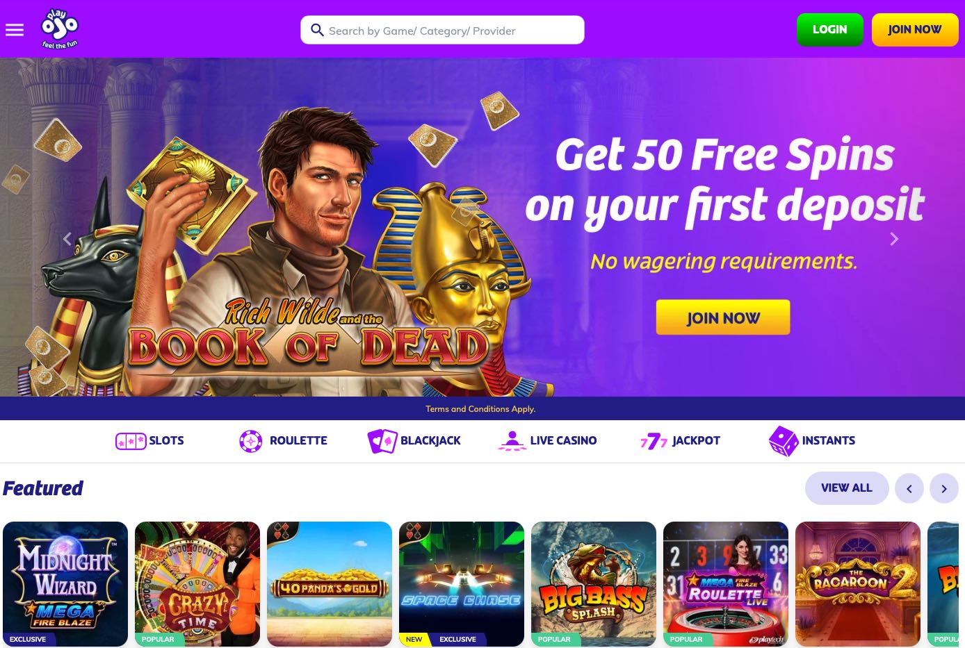 PlayOJO Casino Homepage