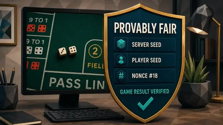 Low-poly illustration of dice on a craps table beside a shield showing a verified provably fair result.