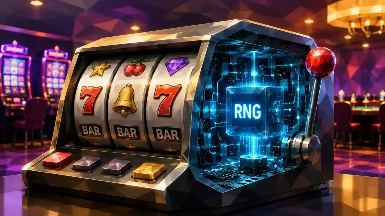 Cutaway slot machine showing the digital RNG system behind the reels