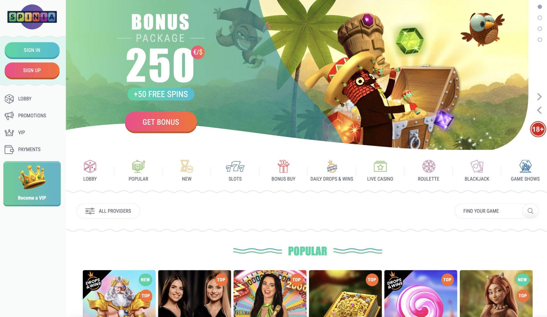 Spinia Casino Homepage
