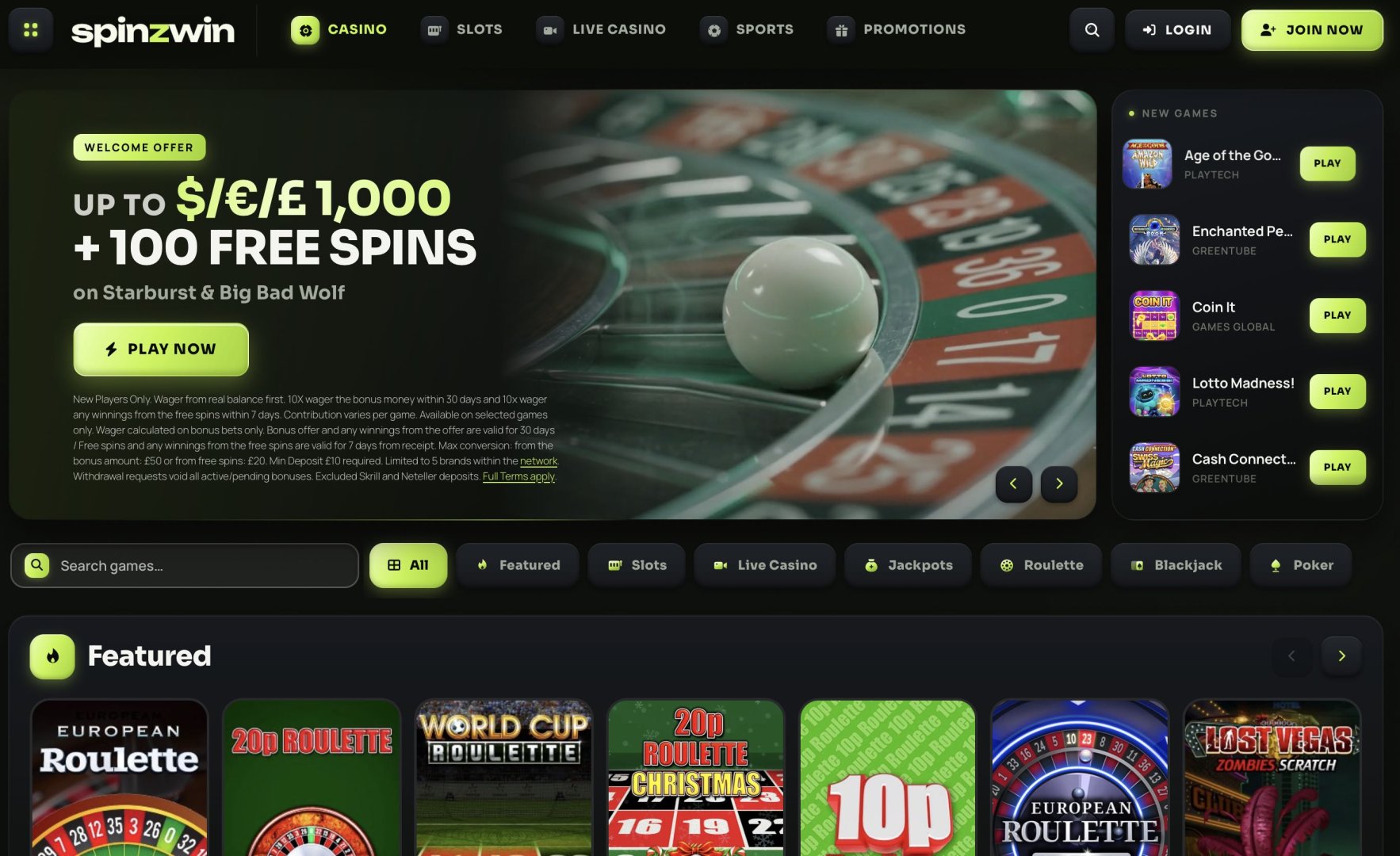 SpinzWin Casino Homepage