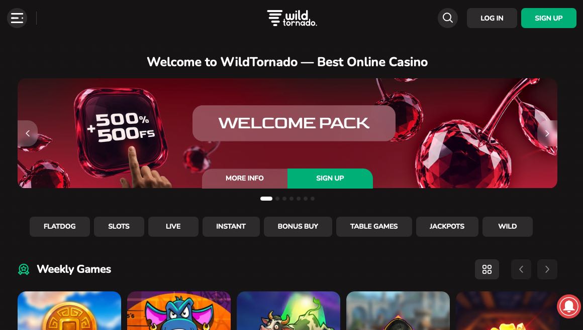 WildTornado Casino homepage