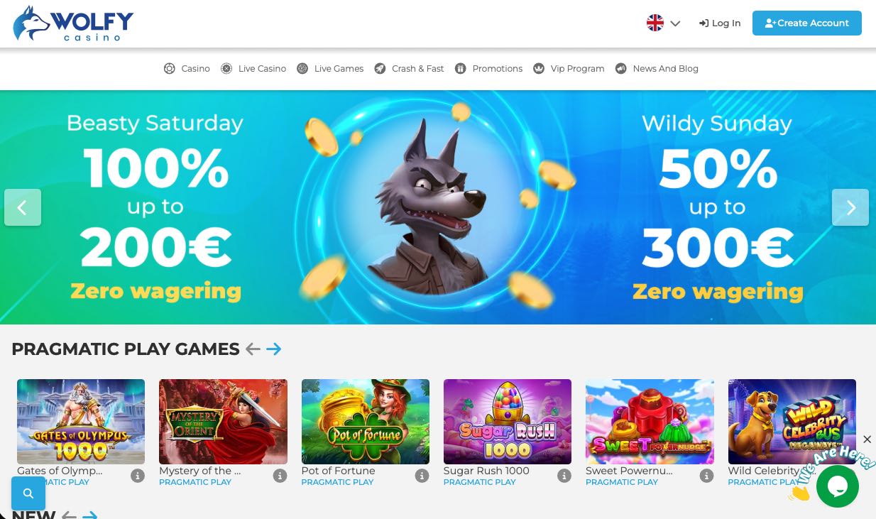 Wolfy Casino homepage
